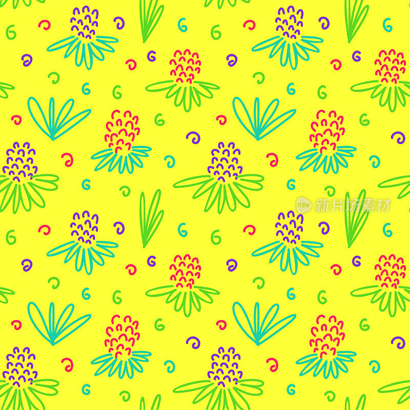 Bright tropical pattern with abstract pineapples and leaves